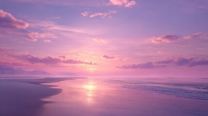 Fototapeta premium Pink Purple Sunset Over Calm Beach with Gentle Waves and Soft Clouds in Tranquil Scene