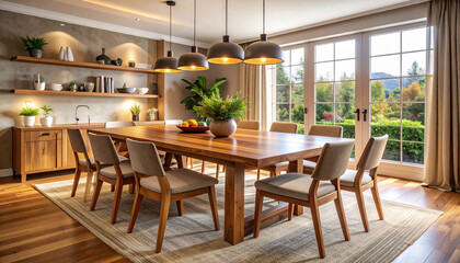 Obraz premium Sunlit Dining Area with Wooden Table and Chairs