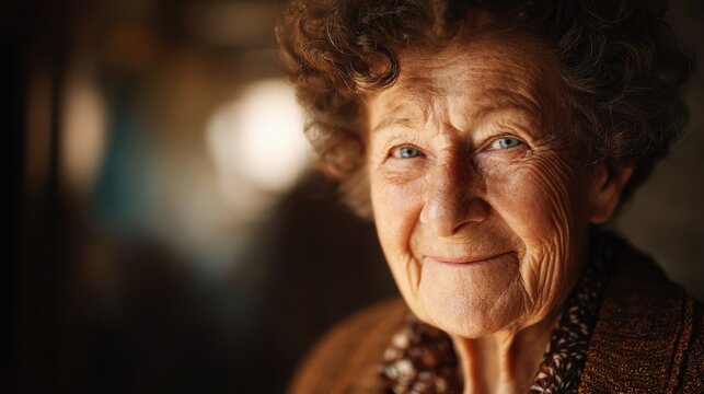 Close-up portrait of a cheerful elderly woman with wrinkled skin and bright blue eyes, smiling into the camera.
