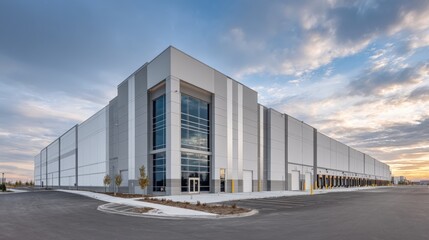 Fototapeta premium Modern Distribution Warehouse Exterior at Sunset, Architectural Design, Industrial Building, Logistics Center, Commercial Property