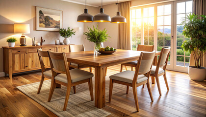 Fototapeta premium Sunlit Dining Area with Wooden Table and Chairs