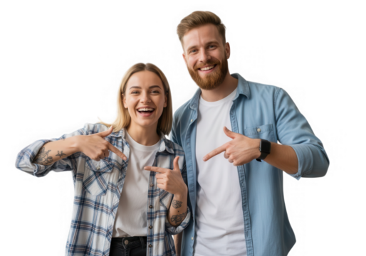 Happy couple pointing fingers isolated on transparent background