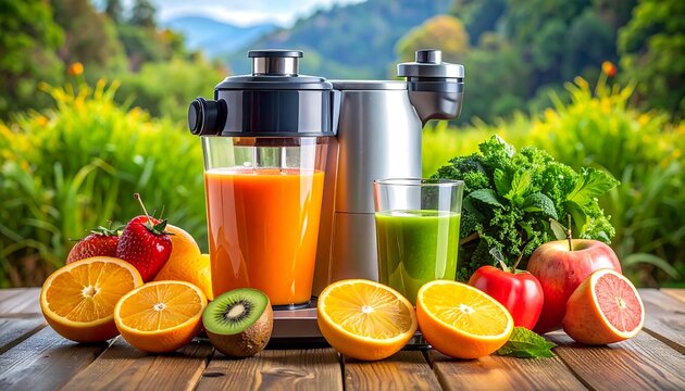 Freshly squeezed juices and fruits arranged attractively on a wooden surface, with a modern juicer in the background, against a backdrop of a lush outdoor setting. - Powered by Adobe