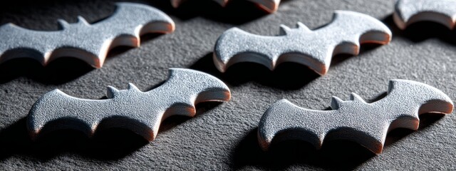 Unique bat-shaped decorations arranged neatly on a dark surface for creative projects or themed events