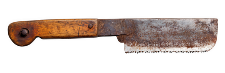 Old rusty hand saw isolated on transparent background, a vintage metal tool