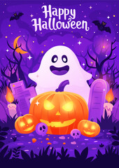 Cute Halloween illustration with a smiling ghost, glowing jack-o'-lanterns, bats, candles, and tombstones in a spooky forest. Perfect for greeting cards and seasonal designs