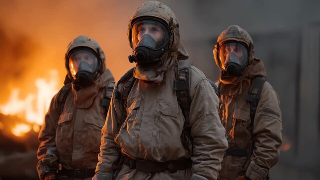 Firefighters in protective gear stand ready during a live fire training exercise in an urban environment at dusk, demonstrating commitment to safety and preparedness