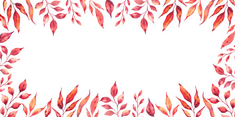 Horizontal frame with autumn branches and leaves in warm colors. Hand-painted watercolor illustration. Isolated on a white background. Template for decoration, invitational and greeting cards.