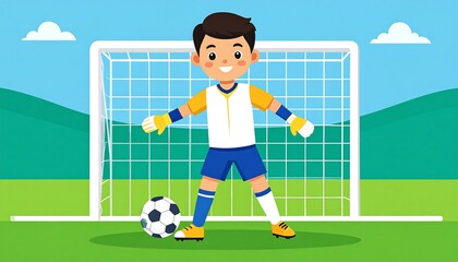 Fototapeta premium A cheerful young soccer goalie stands ready, positioned in front of a vibrant green field and a white goal, with a soccer ball at their feet.