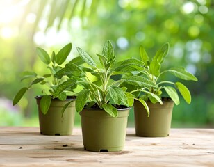 Fototapeta premium Three small sage plants in olive-green pots sit on a light brown wooden surface, bathed in soft natural light.