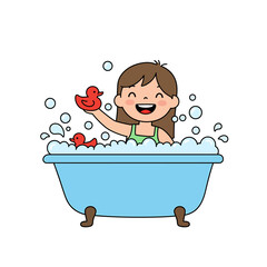 Happy cartoon girl taking a bubble bath in a blue tub with red rubber ducks. Illustration of childhood hygiene, daily routine, and bath time fun