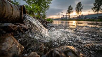 Obraz premium Industrial Wastewater Discharge Flowing From a Metal Pipe Into a River, Causing Water Pollution