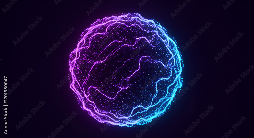 Poster abstract glowing sphere with dynamic particle waves on a dark background