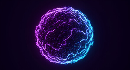 Abstract glowing sphere with dynamic particle waves on a dark background