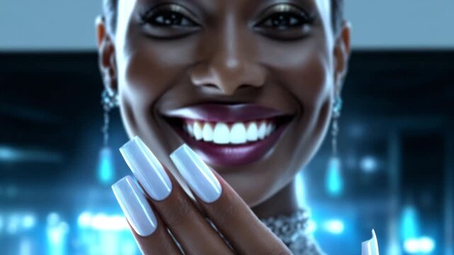 Close-up of smiling woman showing off long painted nails and rings. Woman with luxurious manicure and jewelry smiles at camera.