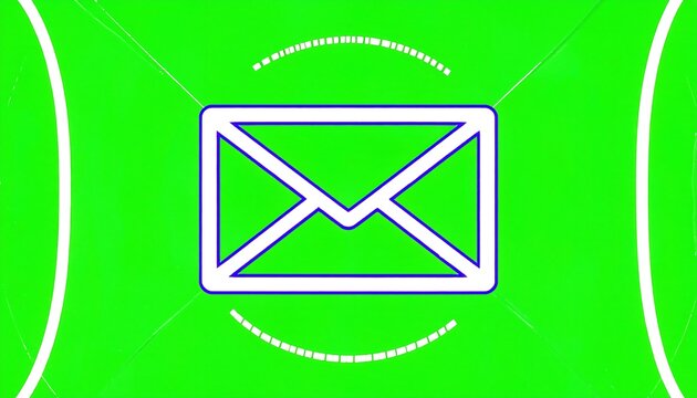 A digital graphic featuring a stylized email envelope icon. Blue outline on green background. Curved lines and design elements