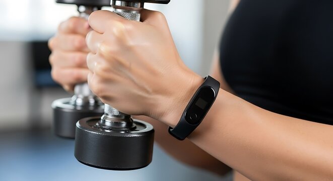 Close-up of womans hands holding dumbbells and wearing a fitness tracker