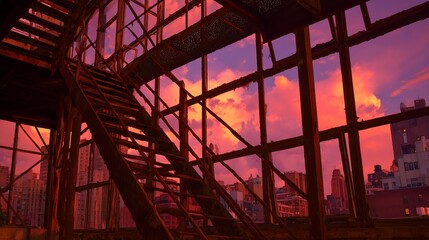 Fototapeta premium Urban cityscape through metal staircase sunset sky
