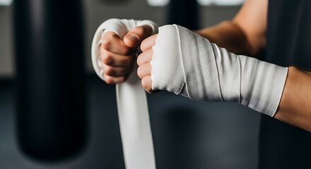 Close-up of a boxer wrapping hands with white hand wraps in a gym
