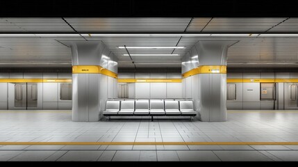 Modern Subway Station Platform with Empty Seats and Clean Architecture, Featuring Yellow Accents and Sleek Design