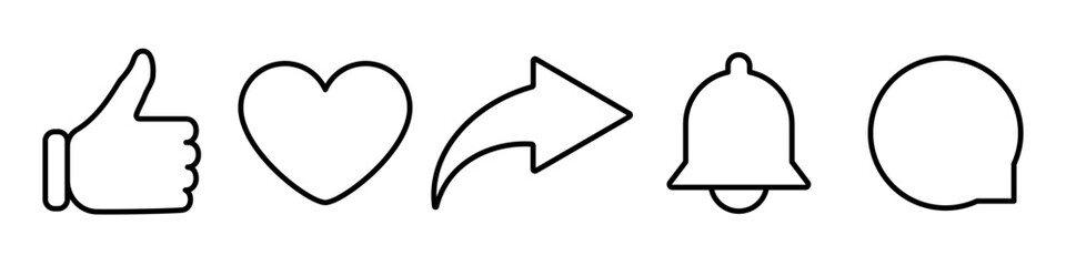 Social media outline icons set including like thumb up, heart, share arrow, notification bell and chat bubble. Editable stroke. Minimalistic black stroke symbols for digital app interface, web design