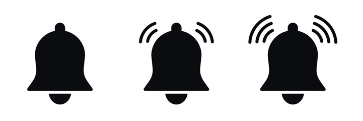 Set of black bell icons isolated. Notification ringing symbol in flat style. Alert sign, reminder icon, alarm bell silhouette illustration for user interface and web design
