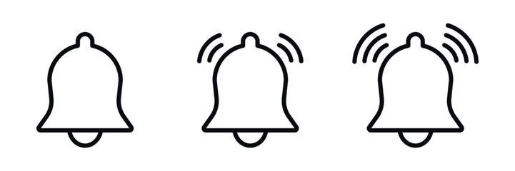Set of black bell icons isolated. Editable stroke. Notification ringing symbol in flat style. Alert sign, reminder icon, alarm bell silhouette illustration for user interface and web design