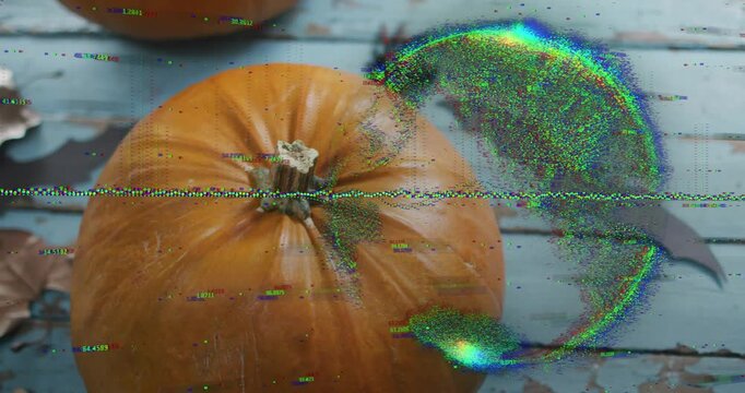 Glitch line appearing triggers pixel swirl around pumpkin flashing bat shape for spooky effect