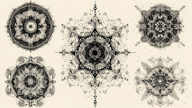 A collection of six intricate circular designs featuring floral and geometric patterns on a light background