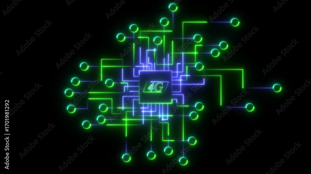 Poster 4g network technology animation on green or blue color circuit board. 4g connectivity with circuit p