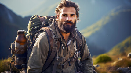 Adventurer in mountain range during daytime with dramatic clouds and rugged terrain all around