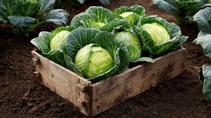 cabbage, green, fresh, wooden, crate, soil, garden, field, vegetable, harvest, farm, agriculture, farming, organic, natural, healthy, food, raw, crop, box, plant, growing, leaves, head, ripe, diet, ve