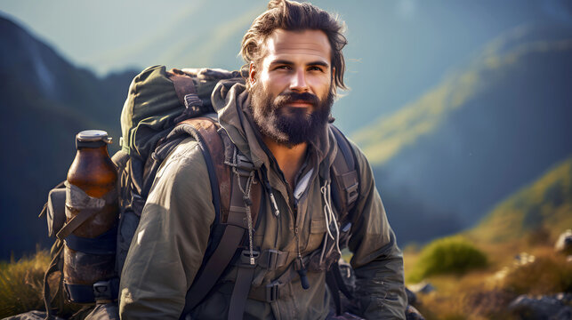 Adventurer in mountain range during daytime with dramatic clouds and rugged terrain all around - Powered by Adobe