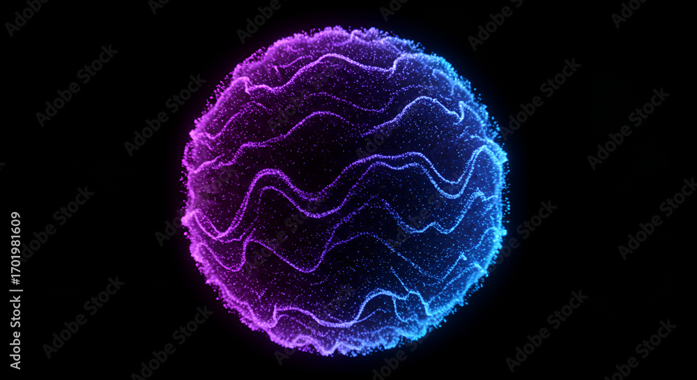 Poster abstract glowing sphere with wavy patterns isolated on a black background