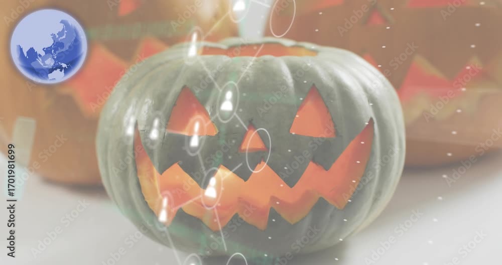 Aufkleber upon globe icon appearing ui sliding onto pumpkin highlights tracing and network display forming
