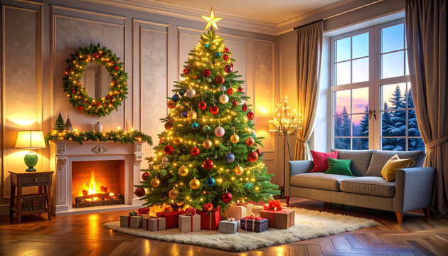 Modern Bedroom with Festive Tree and Bedside Lamp