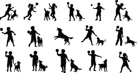 Children playing with dogs, kids holding ball, pet activity fun, outdoor game, animal friendship, happy puppy, silhouette vector illustration