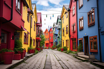 Fototapeta premium Vibrant colored houses line a cobblestone street in a charming coastal village on a rainy day