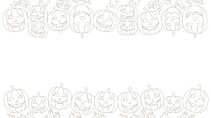 Outlines of pumpkins and leaves in a halloween border design with white background and empty space in the middle