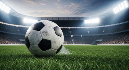 Naklejka premium A classic soccer ball rests on the lush green grass of a grand stadium under bright lights.