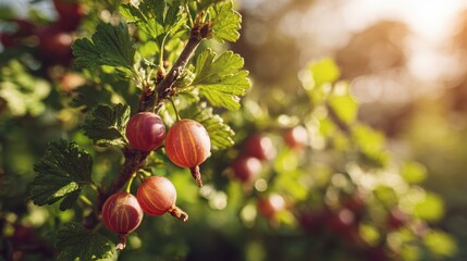 Fresh green gooseberries hanging on a bush with translucent skin and visible veins, captured close-up in natural light