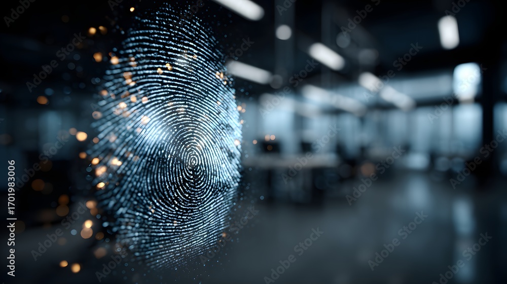 Poster cybersecurity shield digital fingerprint analysis in a modern, illuminated workspace.
