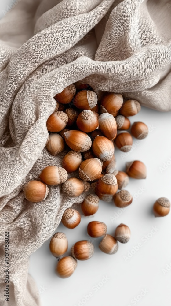 Poster hazelnuts scattered on a textured fabric surface in a bright setting