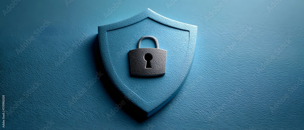 Poster cybersecurity shield shield design with a padlock symbolizing security and protection on a textured 