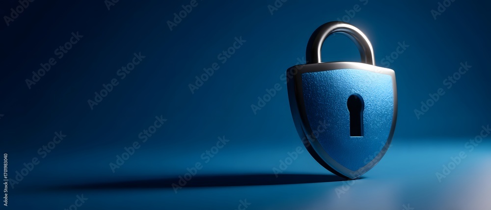 Poster cybersecurity shield a metallic padlock on a blue background symbolizing security and protection.