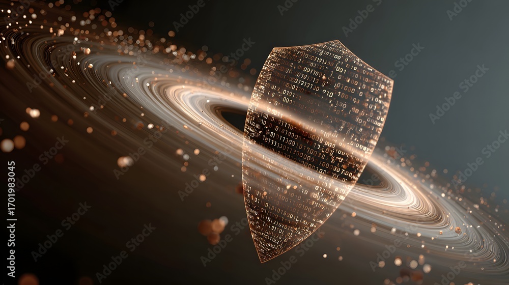 Poster cybersecurity shield a digital shield orbiting in a cosmic space with rings and glowing particles.