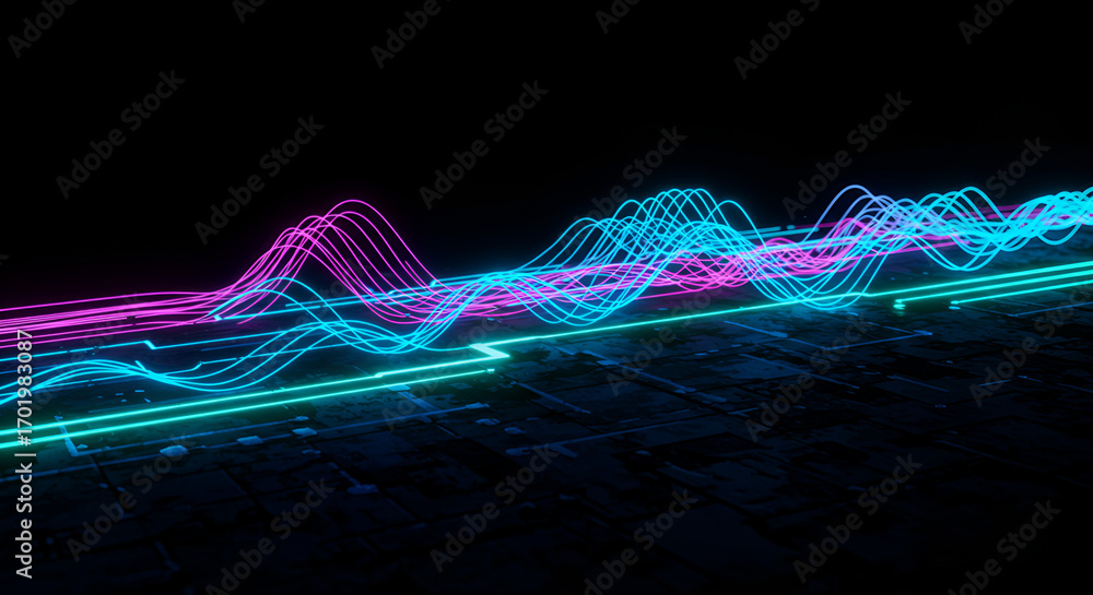 Poster abstract neon data streams visualization on dark textured background
