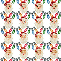 Festive watercolor pattern featuring Santa and colorful lights for holiday designs
