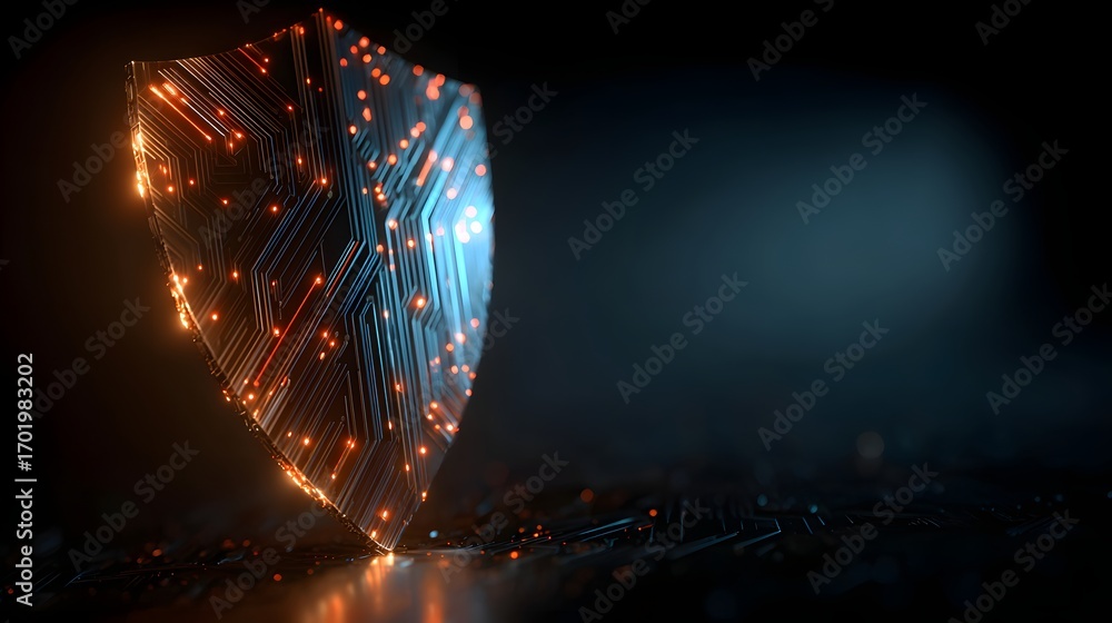 Poster cybersecurity shield digital shield with circuit patterns glowing against a dark background.
