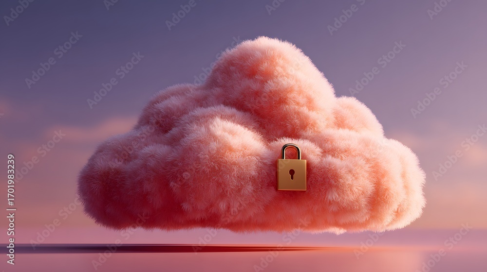 Poster cybersecurity shield fluffy cloud with a padlock, symbolizing security and privacy in a serene atmos